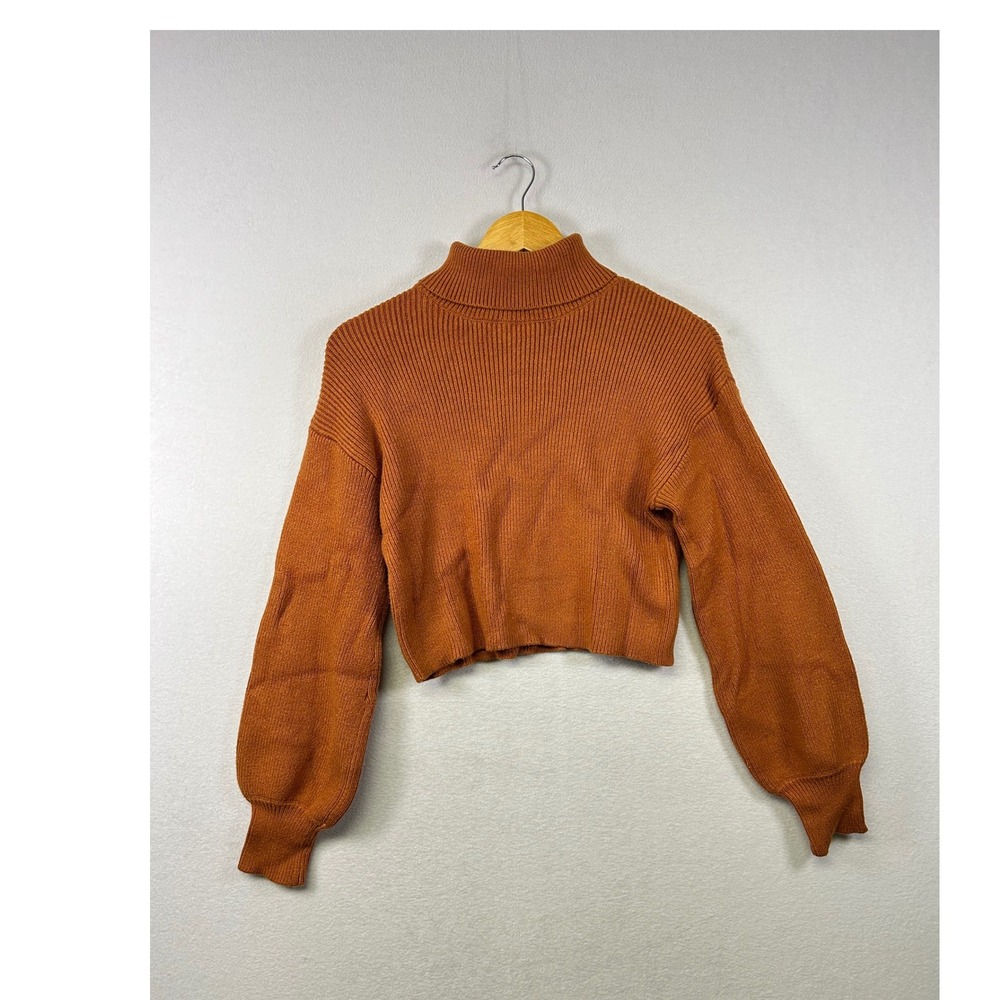 Blue Rain Ribbed Mock Neck Cropped Sweater Womens Large Orange Balloon Sleevez